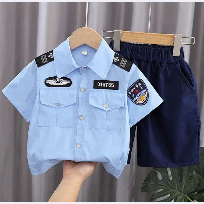 Dječja policijska uniforma za ljeto, kratkih rukava, unisex, za scenske nastupa i vježbe; tkanina: kemijska vlakna s 70% polipropilena