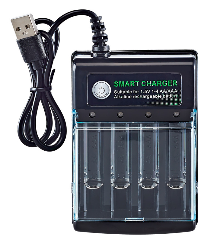 4-pozicijski USB punjač za Ni-MH baterije, neovisno punjenje svakog utora, izlaz 1.5V 500mA, ulaz 5V 1–2A, CE certifikat