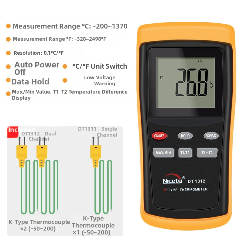 Nicatymeter DT1311 Digitálny teplomer s kontaktným senzorom, K-type termočlánková sonda, priemyselnej triedy