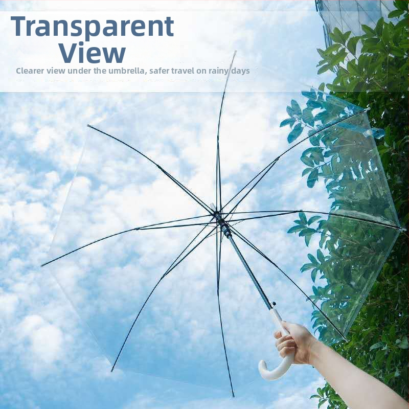 Prozirni reklamni kišobran s ispisom logotipa, poluautomatno otvaranje i zatvaranje, 8 šipki, PVC navlaka, čelični štap i ručka, 210T materijal