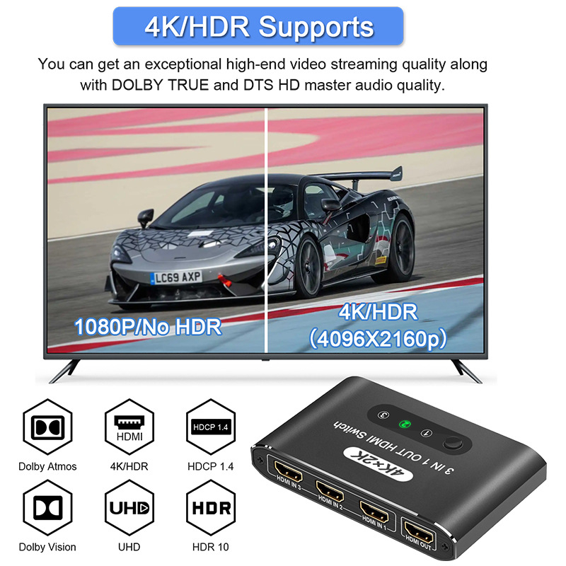HDMI превключвател 4K, 3 входа 1 изход, алуминиев корпус, модел HS-301a/HS-301b, управление на захранването