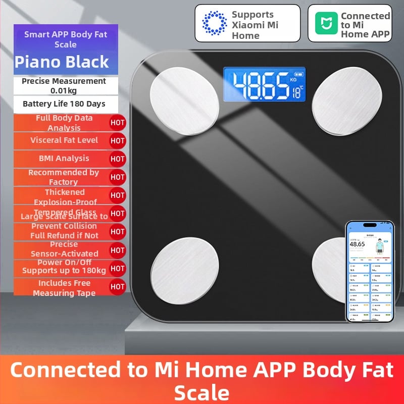 Ζυγός σώματος για οικιακή χρήση με ανάλυση λιπώδους ιστού και ύδατος, 4 αισθητήρες υψηλής ακρίβειας, γυάλινη επιφάνεια, USB-C φόρτιση, εύρος 200 g-180 kg