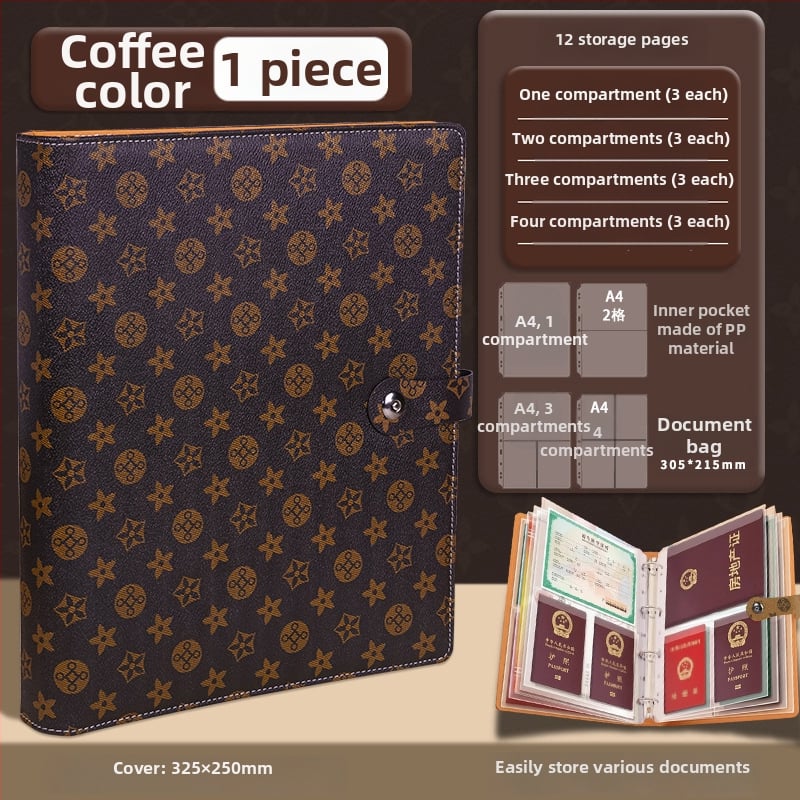 Kožna kutija za dokumente sa kopčom, model H008, unutarnje stranice PVC, 18–24 listova, zamjena informativne knjige, mogućnost otiska logotipa