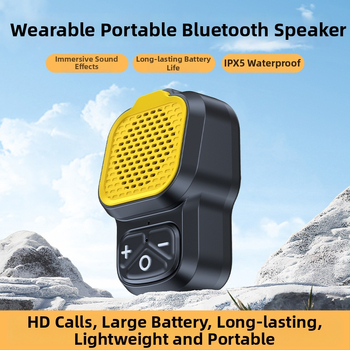Difuzor Bluetooth purtabil cu clips pentru guler și priză magnetică, IPX5 rezistent la apă, Bluetooth versiunea 5.3, interval de frecvențe 100 Hz–20 kHz, putere de redare 3.7 W, baterie încorporată 300–500 mAh