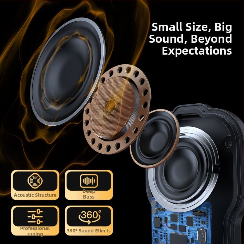 Difuzor Bluetooth purtabil cu clips pentru guler și priză magnetică, IPX5 rezistent la apă, Bluetooth versiunea 5.3, interval de frecvențe 100 Hz–20 kHz, putere de redare 3.7 W, baterie încorporată 300–500 mAh