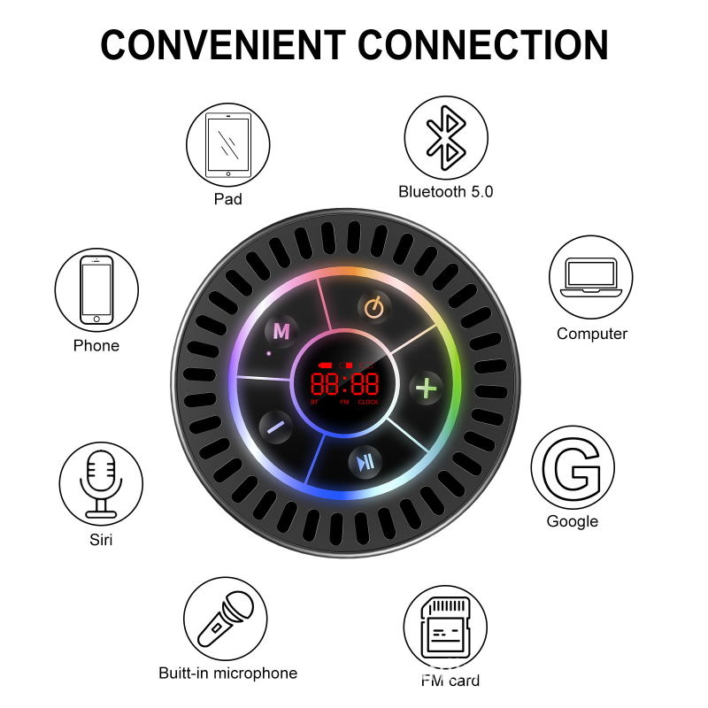 IPX8 vodootporan Bluetooth zvučnik za kupaonicu, Bluetooth 5.3, frekvencijski odziv 100 Hz–20 kHz, SNR ≥95 dB, ugrađeni FM radio