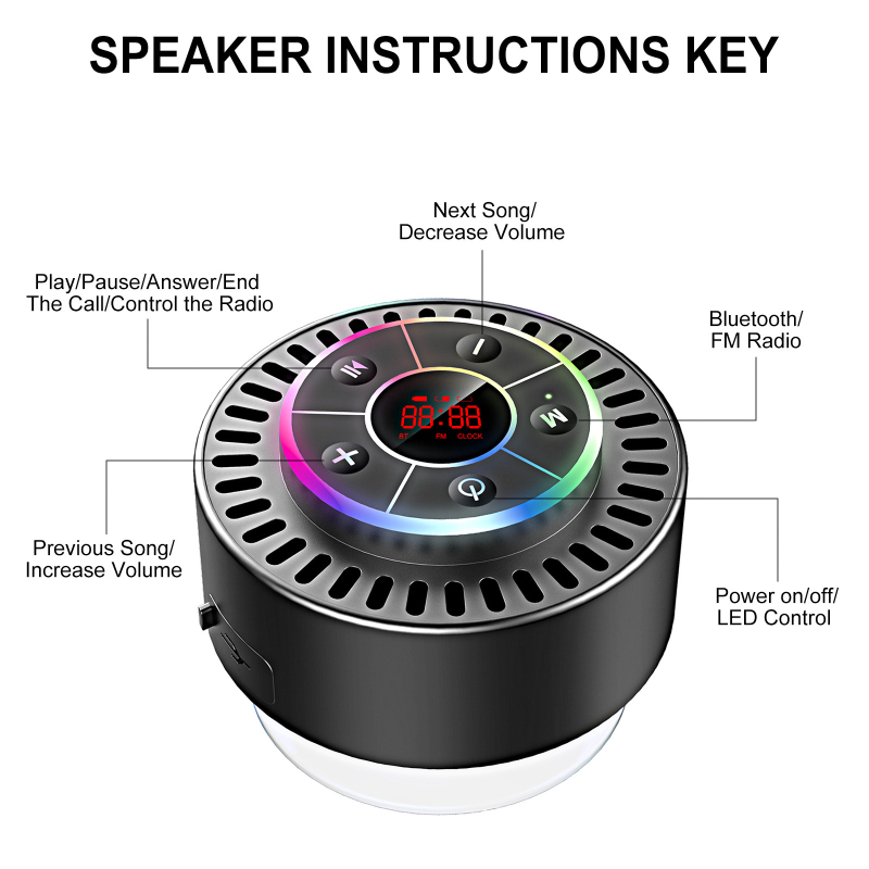 IPX8 vodootporan Bluetooth zvučnik za kupaonicu, Bluetooth 5.3, frekvencijski odziv 100 Hz–20 kHz, SNR ≥95 dB, ugrađeni FM radio