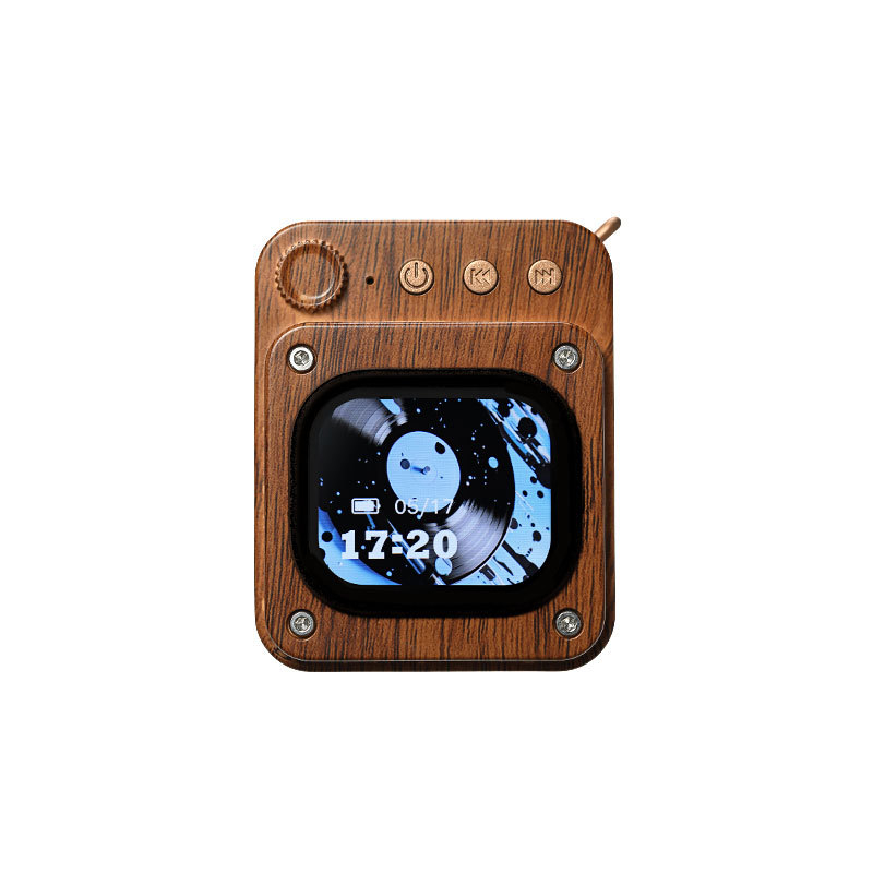 Bluetooth говорител с дървесен модел, сензорен екран и вграден слот за карта; мощност 5W, Bluetooth 5.3, обхват 10 m, честотен диапазон 100 Hz–20 kHz, SNR ≥70 dB