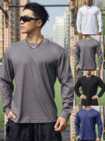 Мъжка памучна тениска с дълги ръкави, кръгло деколте, ежедневен стил, тегло 220 g