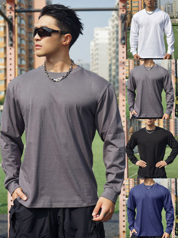 Мъжка памучна тениска с дълги ръкави, кръгло деколте, ежедневен стил, тегло 220 g