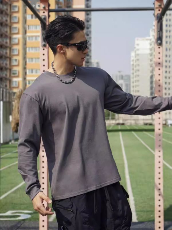 Мъжка памучна тениска с дълги ръкави, кръгло деколте, ежедневен стил, тегло 220 g