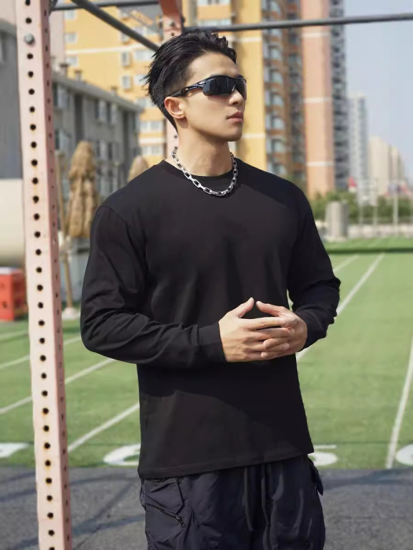 Мъжка памучна тениска с дълги ръкави, кръгло деколте, ежедневен стил, тегло 220 g