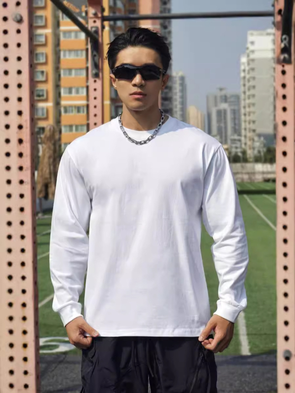Мъжка памучна тениска с дълги ръкави, кръгло деколте, ежедневен стил, тегло 220 g