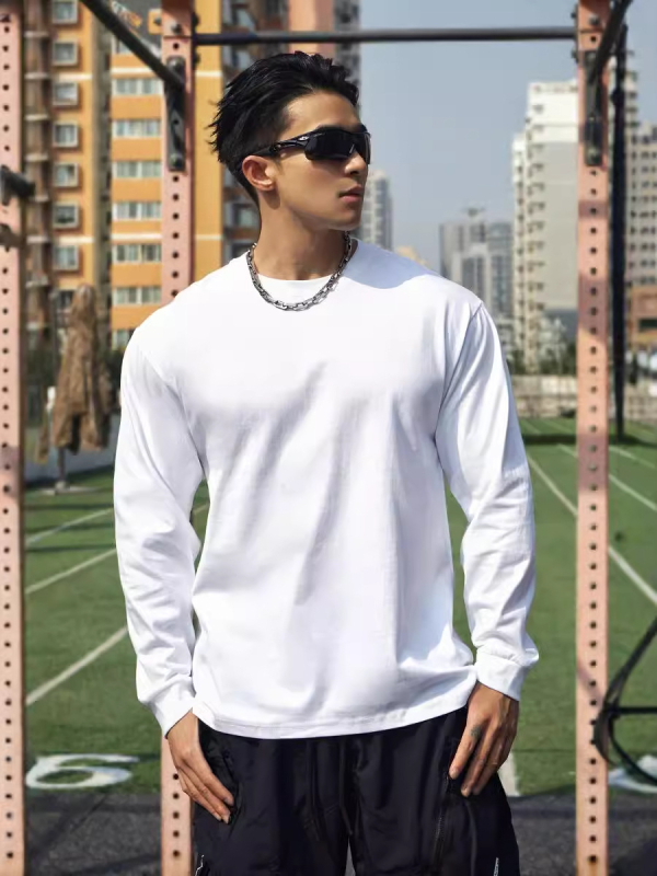 Мъжка памучна тениска с дълги ръкави, кръгло деколте, ежедневен стил, тегло 220 g