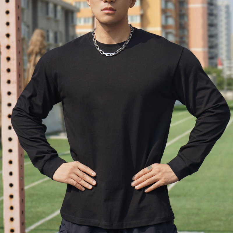 Мъжка памучна тениска с дълги ръкави, кръгло деколте, ежедневен стил, тегло 220 g