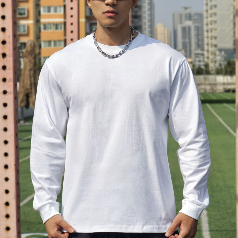 Мъжка памучна тениска с дълги ръкави, кръгло деколте, ежедневен стил, тегло 220 g