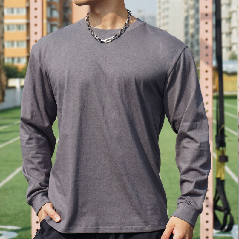 Мъжка памучна тениска с дълги ръкави, кръгло деколте, ежедневен стил, тегло 220 g