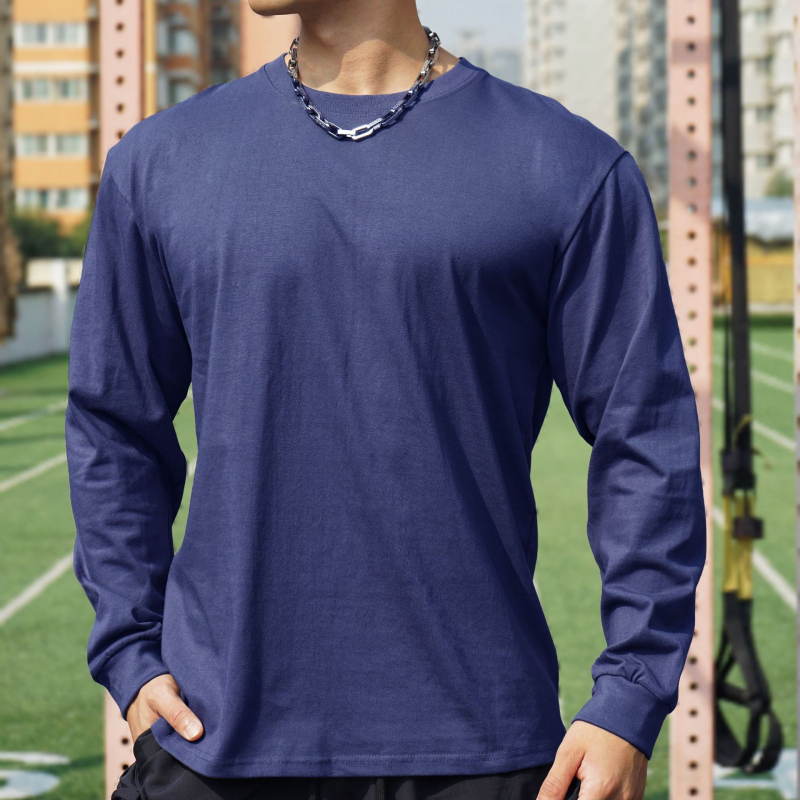 Мъжка памучна тениска с дълги ръкави, кръгло деколте, ежедневен стил, тегло 220 g