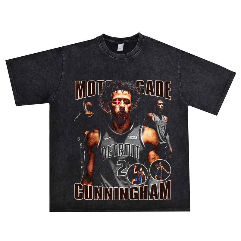 Тениска с принт Cade Cunningham за баскетбол, distressed изглед, свободна кройка, кръгло деколте, къси ръкави, 100% combed cotton