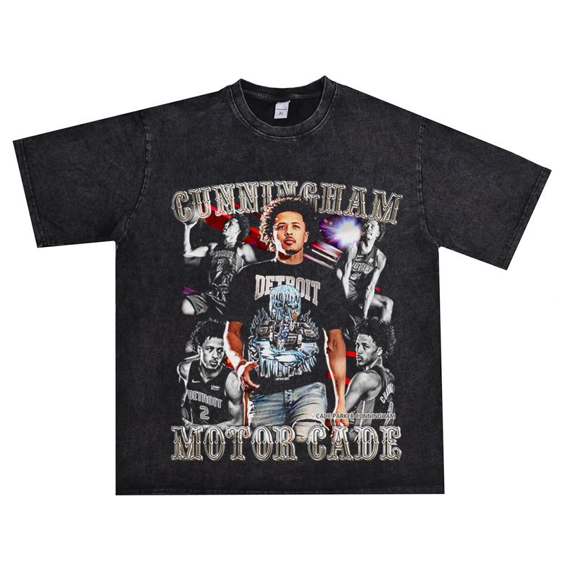 Тениска с принт Cade Cunningham за баскетбол, distressed изглед, свободна кройка, кръгло деколте, къси ръкави, 100% combed cotton