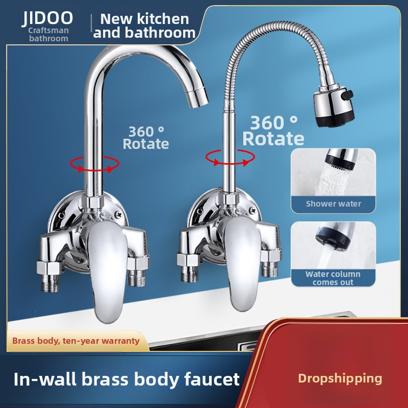 Sárgaréz falra szerelt konyhai csaptelep kerámiás patronnal, forró és hideg víz, egytengelyes kialakítás