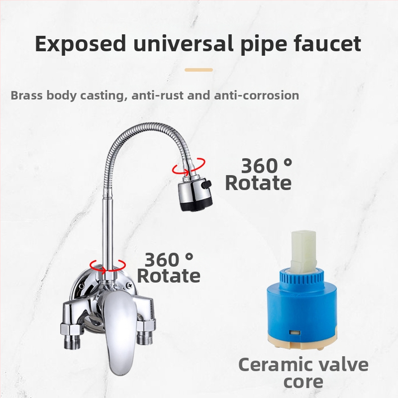 Sárgaréz falra szerelt konyhai csaptelep kerámiás patronnal, forró és hideg víz, egytengelyes kialakítás