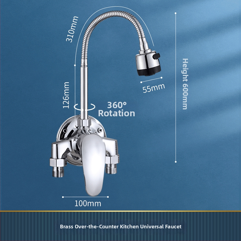 Sárgaréz falra szerelt konyhai csaptelep kerámiás patronnal, forró és hideg víz, egytengelyes kialakítás