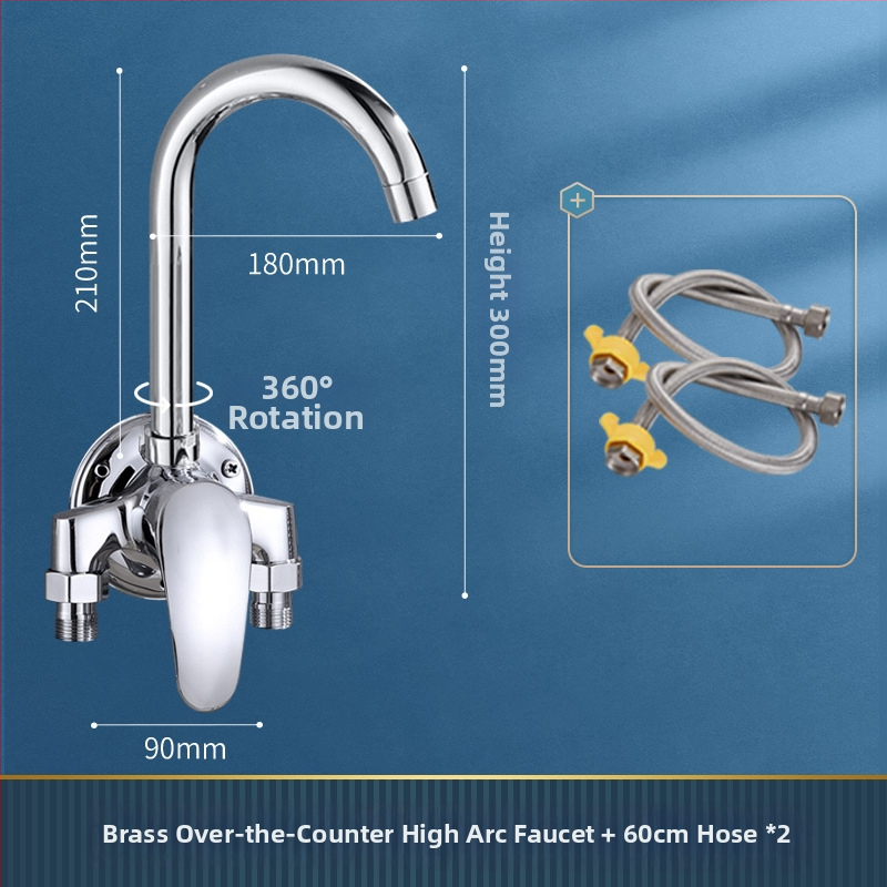 Sárgaréz falra szerelt konyhai csaptelep kerámiás patronnal, forró és hideg víz, egytengelyes kialakítás