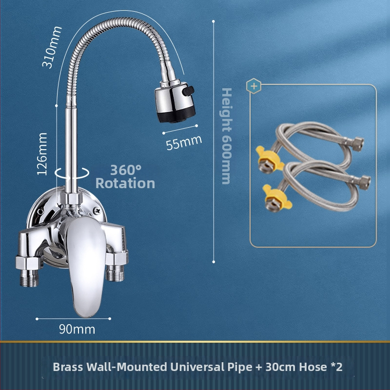 Sárgaréz falra szerelt konyhai csaptelep kerámiás patronnal, forró és hideg víz, egytengelyes kialakítás