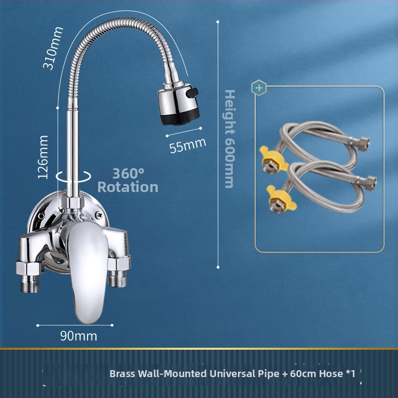 Sárgaréz falra szerelt konyhai csaptelep kerámiás patronnal, forró és hideg víz, egytengelyes kialakítás