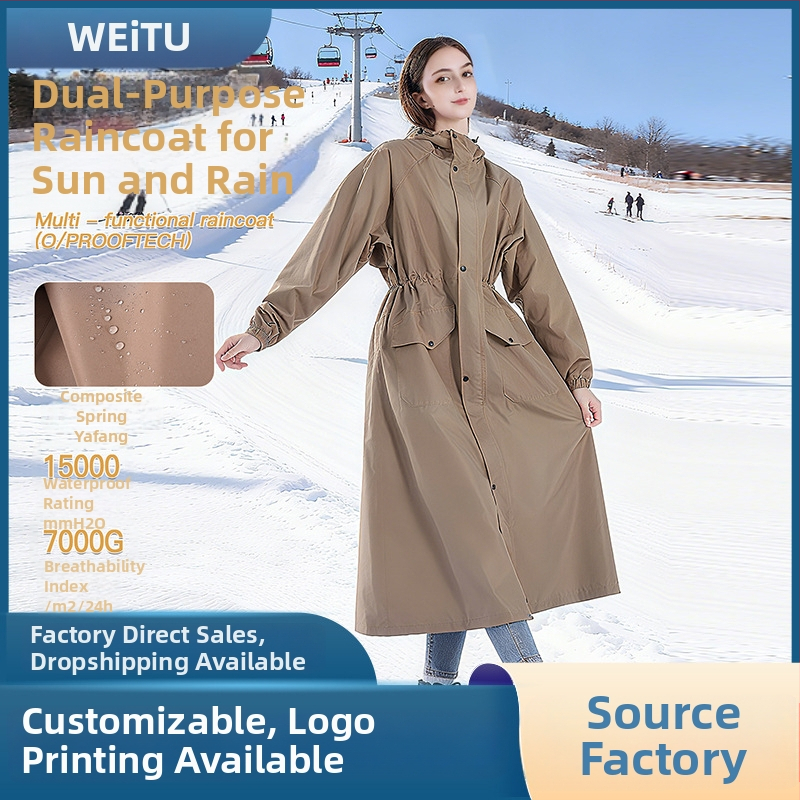 Poncho de ploaie dintr-un singur corp pentru adulți, țesătură Chunya, strat PU, lungime mare, stil windbreaker