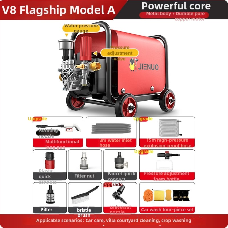 Geno mașină de spălat autoturisme pentru uz casnic, 220V, 1100W, motor cu inducție, capacitate 33L+, furtun 11–20 m