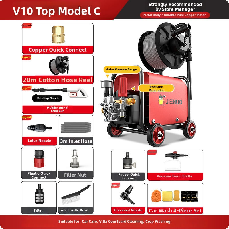 Geno mașină de spălat autoturisme pentru uz casnic, 220V, 1100W, motor cu inducție, capacitate 33L+, furtun 11–20 m