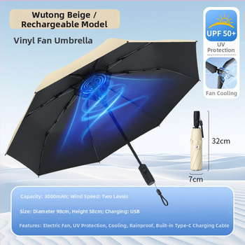 Umbrelă cu ventilator încorporat, ventilator reîncărcabil, cadru din aliaj cu 8 spițe, deschidere/închidere manuală, țesătură 210T