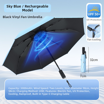 Umbrelă cu ventilator încorporat, ventilator reîncărcabil, cadru din aliaj cu 8 spițe, deschidere/închidere manuală, țesătură 210T
