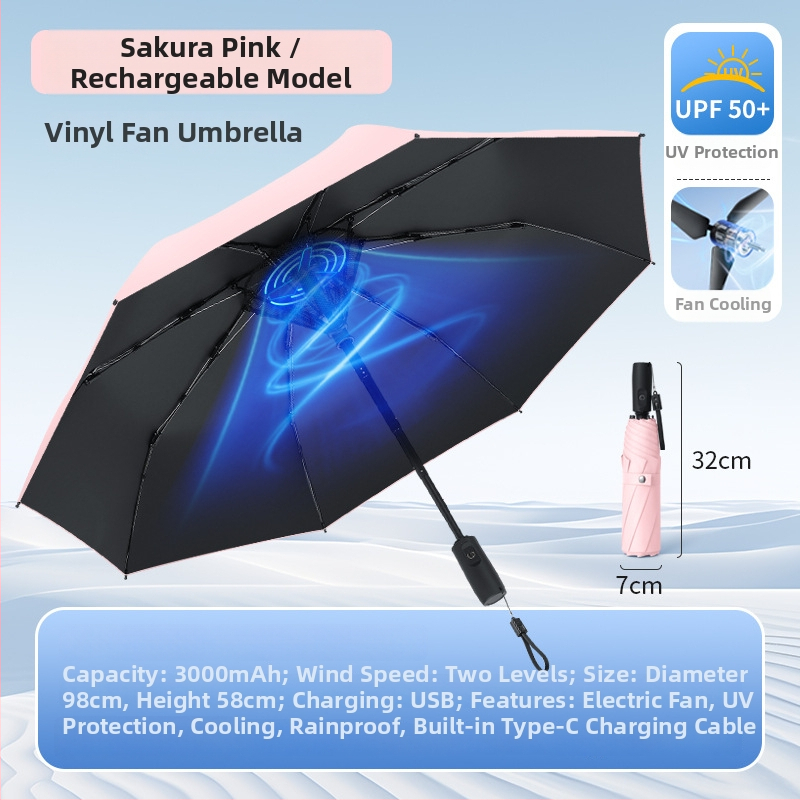 Umbrelă cu ventilator încorporat, ventilator reîncărcabil, cadru din aliaj cu 8 spițe, deschidere/închidere manuală, țesătură 210T