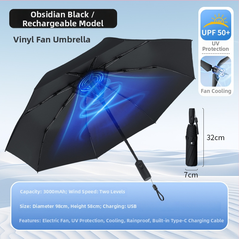 Umbrelă cu ventilator încorporat, ventilator reîncărcabil, cadru din aliaj cu 8 spițe, deschidere/închidere manuală, țesătură 210T