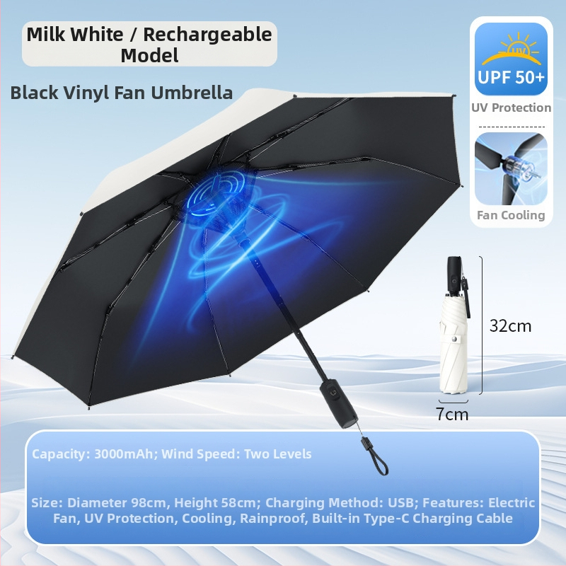 Umbrelă cu ventilator încorporat, ventilator reîncărcabil, cadru din aliaj cu 8 spițe, deschidere/închidere manuală, țesătură 210T