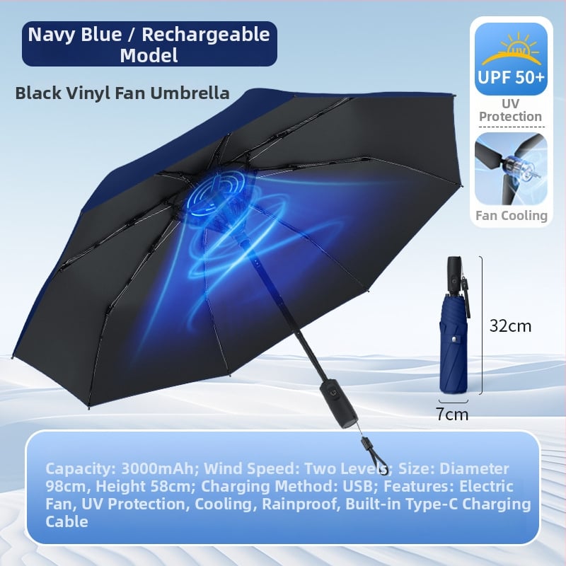 Umbrelă cu ventilator încorporat, ventilator reîncărcabil, cadru din aliaj cu 8 spițe, deschidere/închidere manuală, țesătură 210T