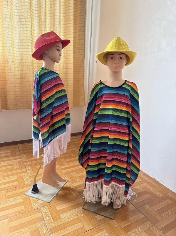 Meksički etnički šal s resama za cosplay — unisex scenska odjeća, poliesterska smjesa, proljeće 2025