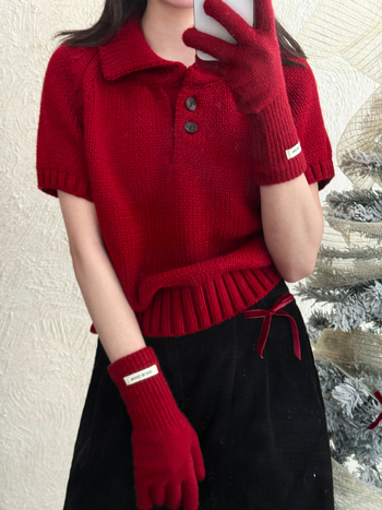 Πλεκτό πουλόβερ με γιακά πόλο, παχιά ύφανση, μανίκια 3/4, ακρυλικό (95%+)