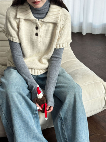 Πλεκτό πουλόβερ με γιακά πόλο, παχιά ύφανση, μανίκια 3/4, ακρυλικό (95%+)