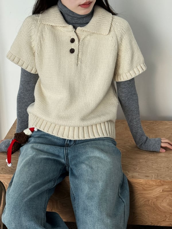 Πλεκτό πουλόβερ με γιακά πόλο, παχιά ύφανση, μανίκια 3/4, ακρυλικό (95%+)