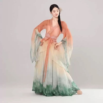 Klasični kineski plesni kostim s tečnim velikim rukavima i gradientnom suknjom s širokim rubom — folklorni ples, unisex; materijal Chenille; glavni materijal Spandex; drugi materijal Polyester; sezona proljeće 2025