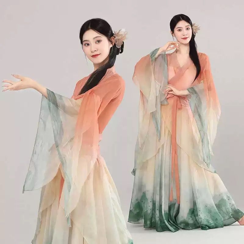 Klasični kineski plesni kostim s tečnim velikim rukavima i gradientnom suknjom s širokim rubom — folklorni ples, unisex; materijal Chenille; glavni materijal Spandex; drugi materijal Polyester; sezona proljeće 2025