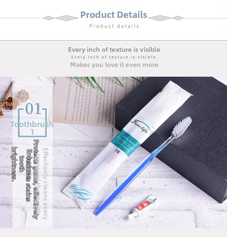 одноразов шестчленен комплект за четки за зъби и тоалетни принадлежности, пластмасов материал (PE), печатано лого, възможност за персонализация, срок на годност 36 месеца