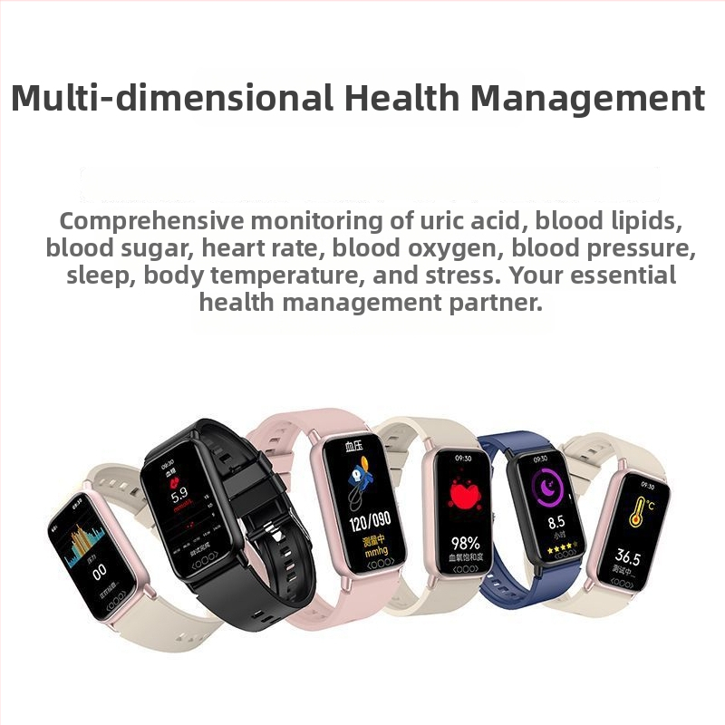 Inteligentné športové hodinky s neinvazívnym viacparametrovým monitorovaním zdravia: kyselina močová, krvný cukor, krvný tlak, krvný kyslík, lipidy a srdcový rytmus; vodotesné pre plávanie, IPS displej, silikónový remienok, výdrž batérie nad 21 dní
