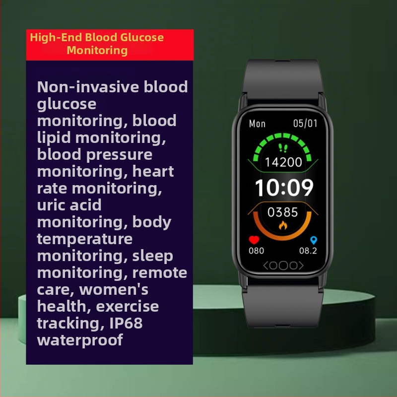 Inteligentné športové hodinky s neinvazívnym viacparametrovým monitorovaním zdravia: kyselina močová, krvný cukor, krvný tlak, krvný kyslík, lipidy a srdcový rytmus; vodotesné pre plávanie, IPS displej, silikónový remienok, výdrž batérie nad 21 dní