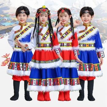 Dječji etnički tibetanski scenski kostim, poliester tkanina, 80% poliester, sve sezone