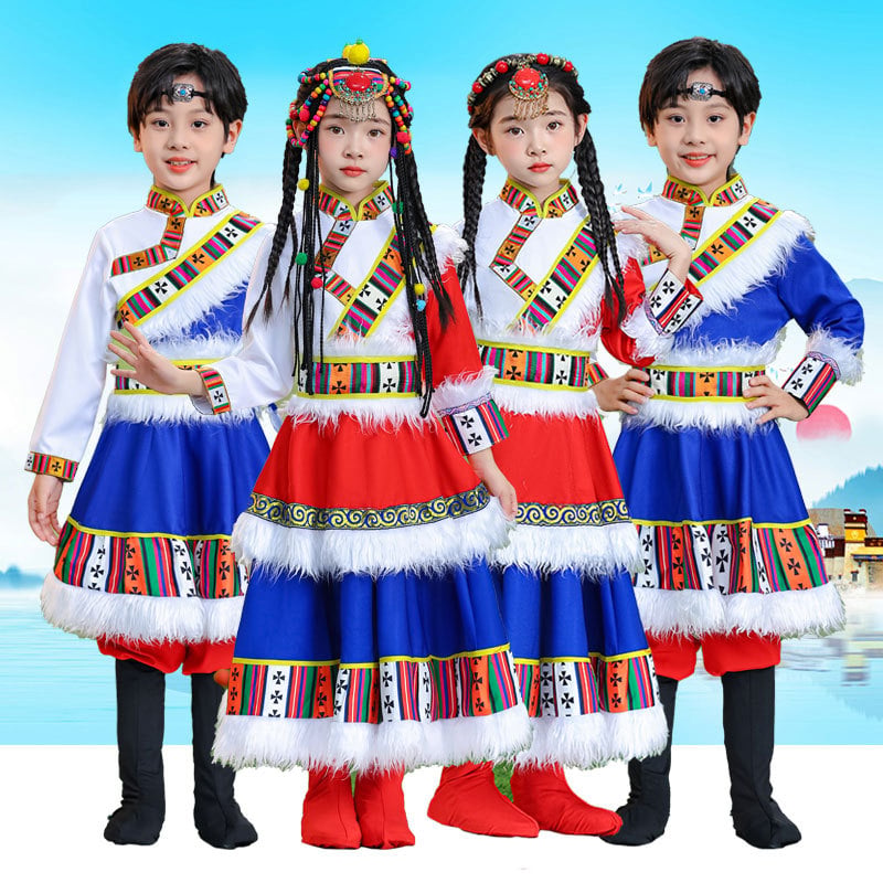 Dječji etnički tibetanski scenski kostim, poliester tkanina, 80% poliester, sve sezone